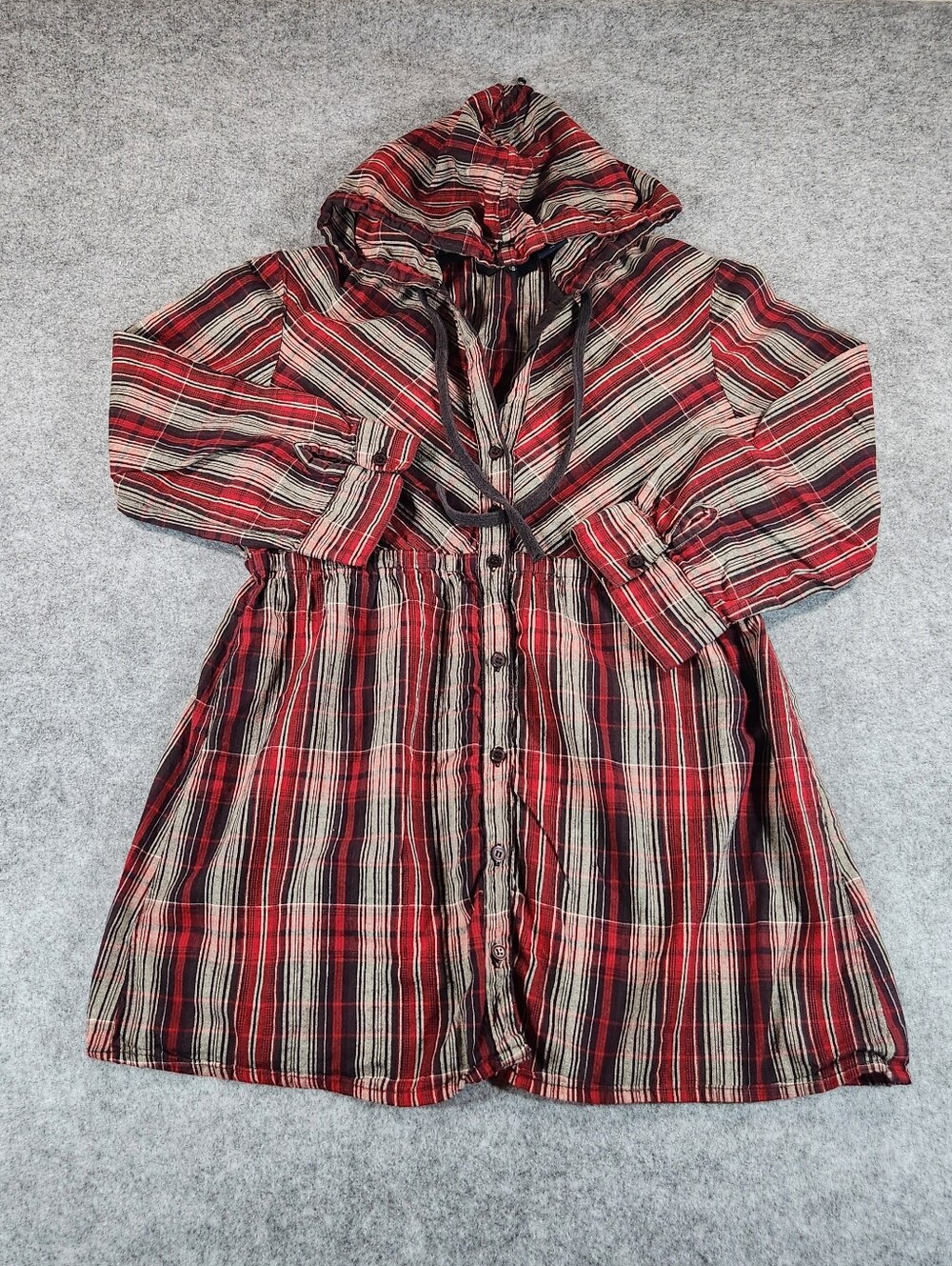 Canyon River Blues Red Plaid Hooded Button-Down Tunic Y2k Small